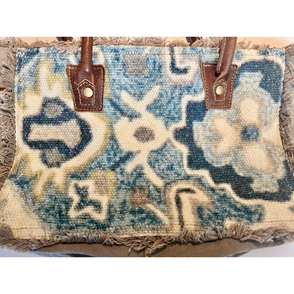 MYRA BAG Aqua Blue Canvas Floral Print Leather Handles Tote 100% cotton - Picture 4 of 16